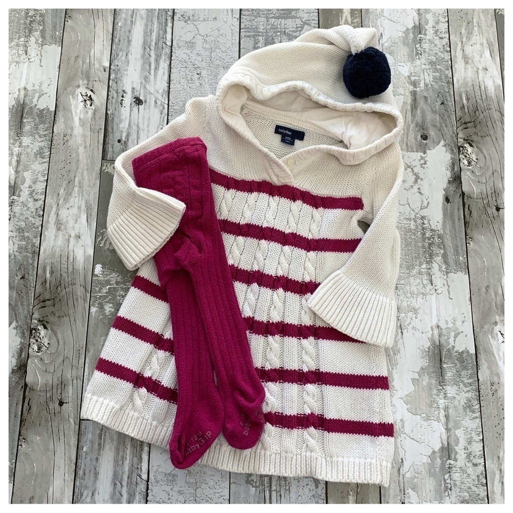 Vintage Baby Gap Hooded Cable Knit Sweater Dress Tunic Tights Set Girl 6-12 Mos